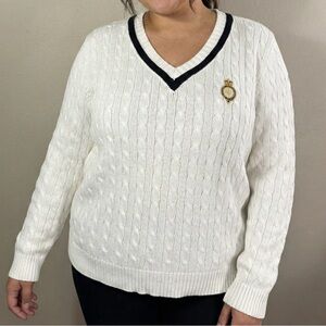 Lauren Active Ralph Lauren 100%Cotton Cable-Knit Sweater White V-Neck Crest Sz L